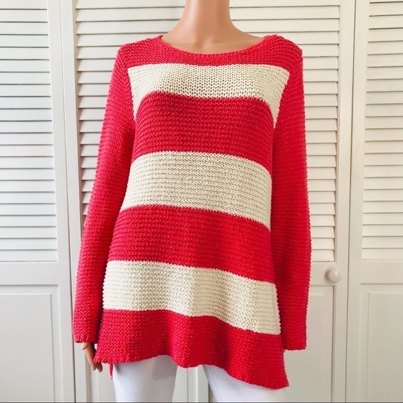 2/$50 CHICO’S Coral Ivory Striped Sparkly Scoop Neck Sweater Size Large - Picture 1 of 10